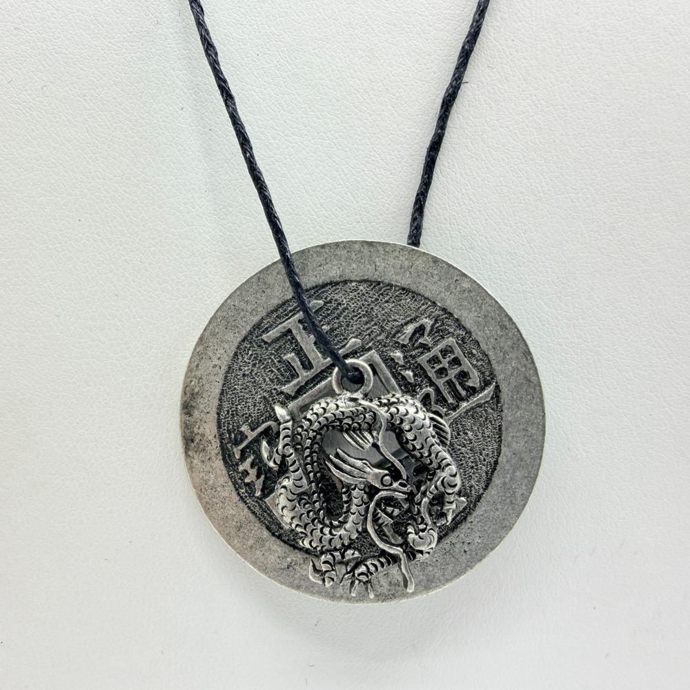 VTG Dragon Phoenix Fortune Talisman Pendant Necklace Silver Tone